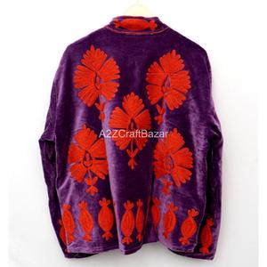 Veste pour femme en velours noir tissé en coton, broderie bleue, col mandarin, manches longues, automne, élégante, écologique, respirante - Product Image 6