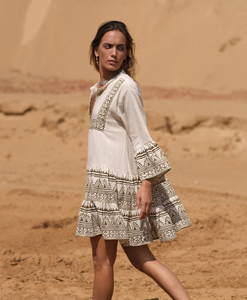 Women Boho Embroidered Eco-Friendly Plain Dyed Knee-Length Loose Fit V Neck Solid Plaid Long Sleeve Natural Waist Sashes <b>Beach</b> - Product Image 6