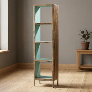 Rustic <b>Wooden</b> Iron 4 Cube <b>Rack</b> with Open Shelves and Reclaimed Finish for Living Room <b>Storage</b> - Product Image 4