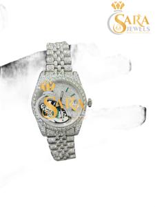 Best Quality Luxurious Blue Dial Gold Stainless Steel Watch Iced Moissanite Diamond Quartz Movement <b>Chronograph</b> - Product Image 3