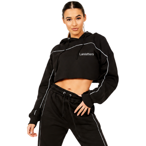 Women Cropped Hoodie Tracksuit Set Piping Detail Pullover Sweatshirt Jogger <b>Trousers</b> Drawstring Waist Two Piece Outfit Wholesale - Product Image 3