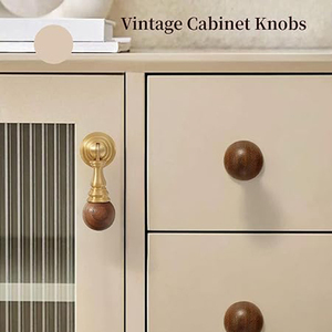 Cabinet Knob Round Vintage Brass <b>Rustic</b> Walnut Wood Drawer Pulls Cupboard Hardware Single Hole Antique Style Knob - Product Image 3