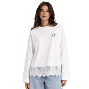 Chemisier femme en coton 100% de qualité supérieure à manches longues, avec ourlet en dentelle, coupe ample, fente latérale, broderie ton sur ton personnalisée - Product Image 1