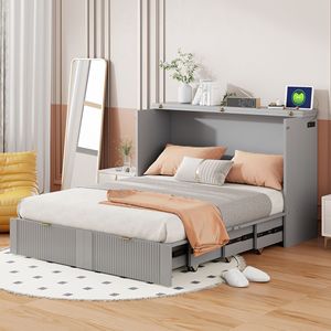 Letto a scomparsa matrimoniale grigio con struttura a pulegge, cassetto e prese/porte USB - Product Image 1