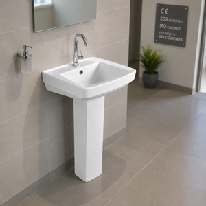 Juego de Lavabo Torus con Pedestal, Rectangular, Grifo Monomando, Diseño Minimalista, Acabado Cromado, Desagüe, Montaje en Suelo, para Baño - Product Image 5