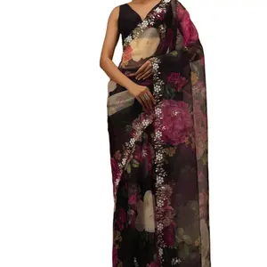 Todo bordado simple corte trabajo borde organza sari con mono liso blusa de seda Banglory de exportador indio