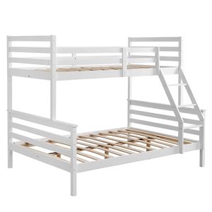 Letto Singolo per Bambini in Legno di Pino a Doppio Strato, Divisibile, con Doppia Ringhiera, Trave Trasversale e Scala Inclinata - Product Image 1