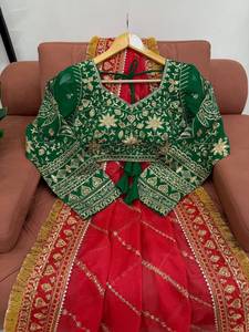 SHKK <b>Red</b> Designer Organza <b>Silk</b> Floor-Length Saree with Heavy Embroidery Sequin Zari Work Unstitched Blouse Wedding Occasion - Product Image 2