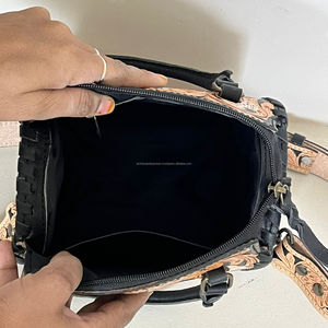 Personalized Tooled Cow Leather Speedy Duffel <b>Bag</b> Western Tan & <b>Black</b> Checkered Large Shoulder Handbags for Travel & Daily Use - Product Image 6