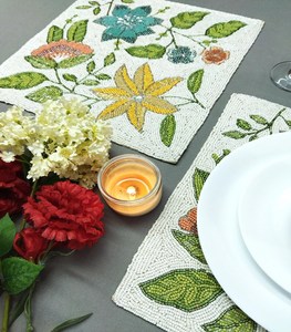 Handmade Beaded Floral Table Mat <b>Rectangle</b> Bohemian Style Fabric Decorative <b>Placemat</b> with Yellow Green Blue Flowers - Product Image 2