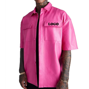 Custom Short Sleeve Chest Pocket <b>Button</b> Up Cuban Collar Faux Leather Shirt for Men - Product Image 1