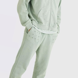 Conjunto de Sudadera de Cuello Redondo Verde Claro para Hombre, Corte Regular, 100% Algodón, Forro Polar, Bolsillo, Bloques de Color, Antiencogimiento, 360g, Casual, Invierno - Product Image 3