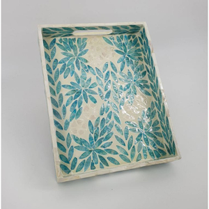 Plateau rectangulaire de luxe en nacre avec poignées, mosaïque florale faite à la main, plateau décoratif pour table basse ou ottoman - Product Image 4