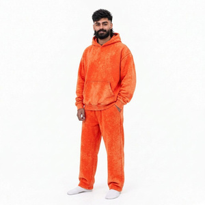 Ensemble de survêtement à capuche pour homme, couleur bordeaux, effet délavé, coupe ample, en coton, vêtements décontractés avec poches latérales, style hiver - Product Image 2