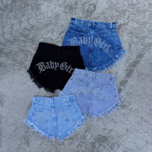 Pantalones Cortos de Mezclilla de Cintura Alta con Letras de Diamantes de Imitación para Mujer, con Bajo Deshilachado y Efecto Desgastado, Estilo Booty Shorts Y - ¡Venta Caliente! - Product Image 1