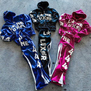 2026 Trending Custom Oversized Sweat suits Rhinestone High Quality Zipper Hoodie and Baggy <b>Sweatpants</b> <b>Set</b> Patch Embroidery Work - Product Image 3