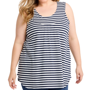 Camiseta sin mangas para mujer talla grande, camiseta a rayas negra con cuello redondo, tela de mezcla de algodón natural, a rayas - Product Image 6