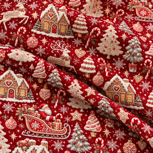 Tela de Algodón Roja Navideña con Renos, Santa Claus, Trineo, Casa de Jengibre y Copos de Nieve, Material para Coser - Product Image 3