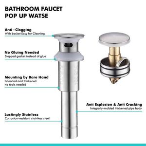 Bonde de vidange escamotable de 1,75 pouce pour lavabos de salle de bain, en acier inoxydable, avec protection anti-colmatage pour éviers de vanité et de lavabo sur colonne, siphon de plomberie - Product Image 2