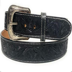 Cinturón de vaquero tallado a mano de estilo occidental de cuero genuino en relieve con costuras de borde blanco y hebilla de PIN niquelada de diseñador - Product Image 5