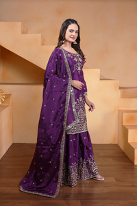 Gorgeous Chinon Silk Pearl Embedded <b>Sequin</b> Top Wide <b>Flared</b> Palazzo Set Stitched Dupatta Girls Three Piece Ethnic Suit - Product Image 2