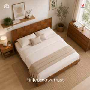 Minimalist Solid Mahogany Platform <b>Bed</b> with Geometric Parquet Headboard Luxury Hotel Bedroom Furniture Indonesia - Product Image 5
