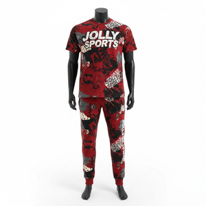 Ensemble de survêtement premium rouge en coton et polyester, t-shirt et pantalon imprimés sur toute la surface, logo personnalisé, pour homme - Product Image 1