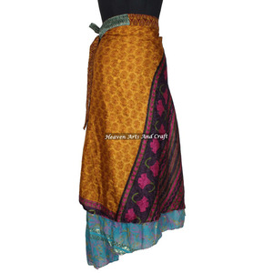 Recycled Silk Saris <b>Sarongs</b> Skirts Flex-<b>Wraps</b> Skirts Online Women Wear Vintage Silk Sari Long Length <b>Wrap</b> Around Skirt 2 Layer - Product Image 6
