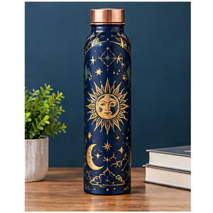Sunburst Copper <b>Water</b> <b>Bottle</b> with Sun Moon Stars Design Bohemian Portable Travel <b>Thermos</b> - Product Image 1