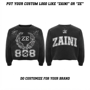 Premium 380g 100% Cotton <b>Fleece</b> Acid Wash Cropped Sweatshirt Black <b>Grey</b> Washed Finish Vintage Custom Logo Eco-Friendly - Product Image 1