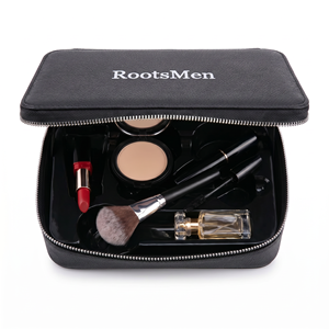 Rootsmen Custom Black Textured Leather Water Resistant Fashion Hanging Large Soft Lightweight Travel <b>Makeup</b> Skincare Bag Logo - Product Image 5