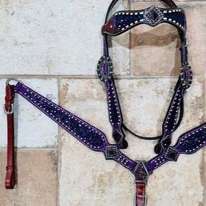 Purple <b>Glitter</b> Leather Horse Halter With Rhinestone Conchos And <b>Red</b> Leather Accents - Product Image 3