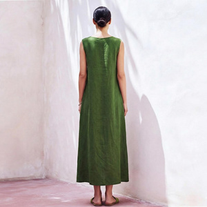 Robe midi vintage 100% coton, coupe évasée, taille haute, manches cloche, col en V, respirante, pour femmes, avec poches latérales, printemps été, grandes tailles - Product Image 2