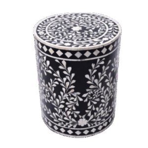 Hand-<b>Crafted</b> Bone Inlay Zigzag Design Side Stool Table Wood Accent Decor for Living Room Office Bathroom-for Hotels - Product Image 4