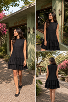 Robe d'été naturelle plissée sans manches à col montant, boutonnée sur le devant, à volants étagés, en lin et coton noir, style bohème, personnalisée OEM pour femme