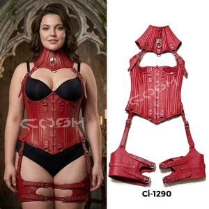 คอร์เซ็ทหนังสีแดงทรงโกธิคเสริมโครงเหล็กพร้อมฮาร์ดแวร์ - Product Image 5