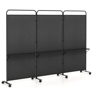 Cloison de bureau pliante à 3 panneaux avec roulettes verrouillables et 3 étagères métalliques noires - Product Image 2