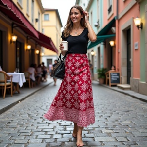 Falda Bohemia informal de verano con elegante estampado de copos de nieve en cascada para mujer, moda gitana envolvente, llamativo Color rojo artístico - Product Image 4