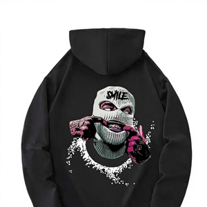 Sweat-shirt à capuche noir pour homme avec imprimé masque souriant, style streetwear, coupe ajustée, tricoté 100% coton, anti-plis, automne, logo frontal - Product Image 1