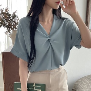 Camicetta da Donna Coreana con Scollo a V e Dettaglio Intrecciato sul Davanti, Manica Corta in Poliestere/Cotone, Top Casual Elegante e Comodo per l'Uso Quotidiano Estivo - Product Image 3