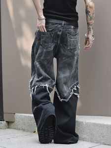 กางเกงยีนส์ผู้ชายสั่งทำขายส่ง ตัดต่อสองสี ล้างแบบวินเทจ เป็นมิตรกับสิ่งแวดล้อม เอวกลาง ทรงขากว้าง สไตล์ไฮสตรีท 100% - Product Image 2