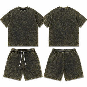 Ensemble T-shirt col rond et short à cordon de serrage pour homme, style vintage délavé, en coton épais respirant, tenue d'été streetwear assortie, USA - Product Image 1
