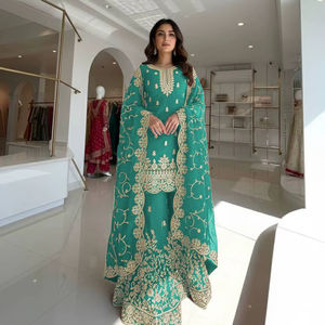 Conjunto Kurti Plazzo Dupatta de Último Diseño en Seda Gmy Pura con Bordado Intenso - Product Image 1