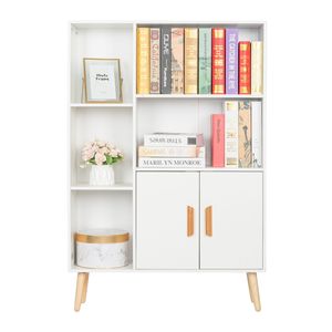 Mobiletto Contenitore in Legno Autoportante per Soggiorno, Libreria a Doppia Anta con 2 Ripiani, 3 Cubi e 4 Gambe, Mobile Laterale Decorativo - Product Image 5