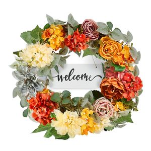 Ghirlanda Decorativa Artificiale alla Moda da 24 Pollici in Rosso, Arancione e Giallo con Ortensie, Rose e Targa in Legno - Product Image 1