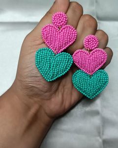 Boucles d'oreilles pendantes en forme de cœur avec perles, rose et turquoise, bijoux de fête pour femmes, style mignon - Product Image 1