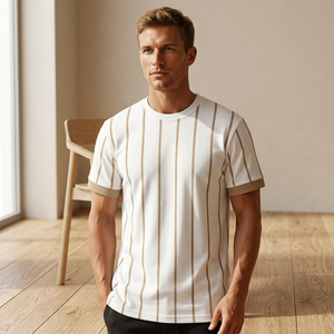 Men's Casual Short Sleeve Striped Knitted <b>T</b>-<b>Shirt</b> O-Neck Regular Fit Contrast Trim Eco-Friendly Cotton Breathable Machine Front - Product Image 3