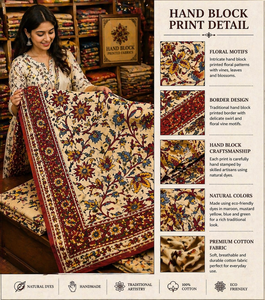 ชุดแผ่นรองจานพิมพ์ลายบล็อกมือแบบบากรู สีขาว ทำจากผ้าฝ้าย คุณภาพส่งออก สีธรรมชาติ ซักได้ ชุดผลงานชิ้นเอก - Product Image 5