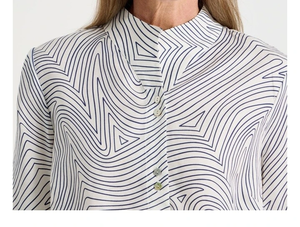 เสื้อเชิ้ตพิมพ์ลายเส้นนามธรรมสำหรับผู้หญิง แขนยาว ติดกระดุมด้านหน้า คอตั้ง ทรงหลวม สวมใส่สบาย เหมาะสำหรับใส่ทำงานหรือใส่ในชีวิตประจำวัน - Product Image 3