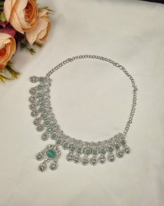 Designer Rhodium Plated Oval Cut CZ Stone Necklace <b>Set</b> With Earrings & Mangtika For Women Ethnic Fashion <b>Jewellery</b> <b>Set</b> Wholesale - Product Image 2